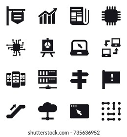 16 vector icon set : shop signboard, diagram, newspaper, chip, presentation, notebook, notebook connect, server, singlepost, escalator