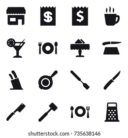 16 vector icon set : shop, receipt, hot drink, cocktail, cafe, restaurant, cutting board, stands for knives, pan, spatula, knife, chef knife, meat hammer