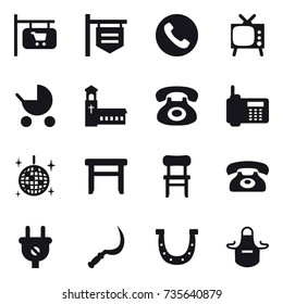 16 vector icon set : shop signboard, phone, tv, baby stroller, church, disco ball, stool, chair, sickle, horseshoe, apron