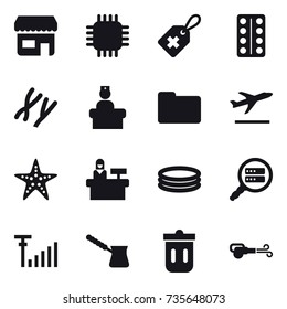 16 vector icon set : shop, chip, departure, starfish, reception, inflatable pool, turk, trash bin, blower