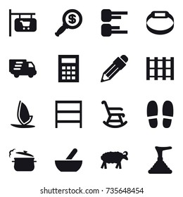 16 vector icon set : shop signboard, dollar magnifier, diagram, smart bracelet, delivery, calculator, pencil, windsurfing, rack, rocking chair, slippers, steam pan, mortar, sheep, plunger
