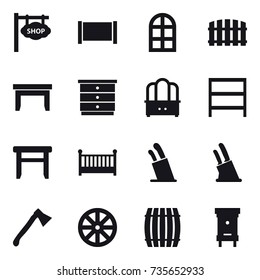 16 vector icon set : shop signboard, fence, arch window, table, chest of drawers, dresser, rack, stool, crib, stands for knives, knife holder, axe, wheel, barrel, hive