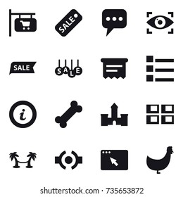 16 vector icon set : shop signboard, sale, message, eye identity, atm receipt, list, info, castle, panel house, palm hammock, chicken