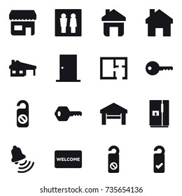 16 vector icon set : shop, wc, home, house with garage, door, plan, key, do not distrub, garage, fridge, bell, welcome mat, please clean