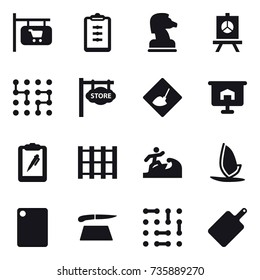 16 vector icon set : shop signboard, clipboard, chess horse, presentation, chip, store signboard, under construction, surfer, windsurfing, cutting board