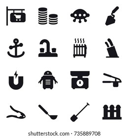 16 vector icon set : shop signboard, coin stack, ufo, construction, water tap, radiator, stands for knives, kitchen scales, garlic clasp, walnut crack, ladle, shovel, grain elevator