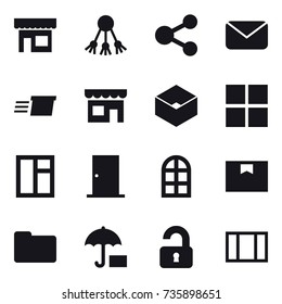 16 vector icon set : shop, share, mail, delivery, box, window, door, arch window, unlocked