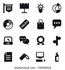 16 vector icon set : shop signboard, billboard, bulb, circle diagram, sale, shopping bag, message, notebook, discussion, medal, toilet cleanser