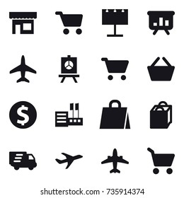 16 vector icon set : shop, cart, billboard, presentation, plane, basket, dollar coin, store, shopping bag, delivery, airplane