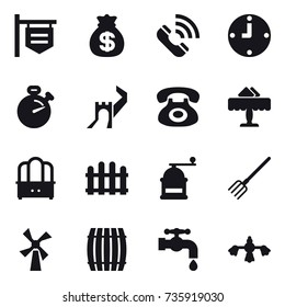16 vector icon set : shop signboard, money bag, call, clock, stopwatch, greate wall, restaurant, dresser, fence, hand mill, fork, windmill, barrel, water tap, hard reach place cleaning