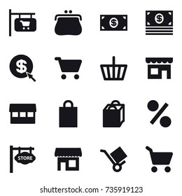 16 vector icon set : shop signboard, purse, money, dollar arrow, cart, basket, shop, market, shopping bag, percent, store signboard