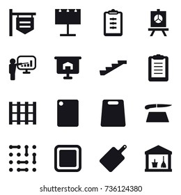 16 vector icon set : shop signboard, billboard, clipboard, presentation, stairs, cutting board, utility room