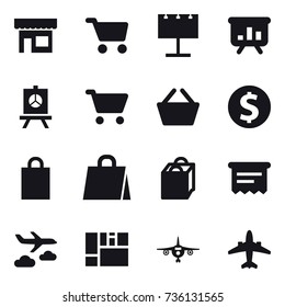 16 vector icon set : shop, cart, billboard, presentation, basket, dollar coin, shopping bag, atm receipt, journey, plane, airplane