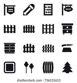 16 vector icon set : shop signboard, pencil, abacus, fence, nightstand, chest of drawers, cutting board, trees, barrel, spruce