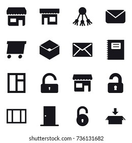 16 vector icon set : shop, share, mail, delivery, box, copybook, window, unlock, unlocked, door, package