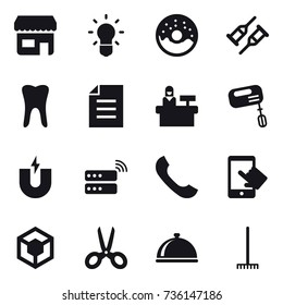 16 vector icon set : shop, bulb, donut, reception, mixer, scissors, rake