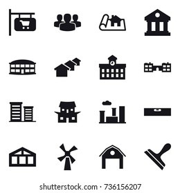 16 vector icon set : shop signboard, group, project, library, airport building, houses, university, school, district, japanese house, city, level, greenhouse, windmill, barn, scraper