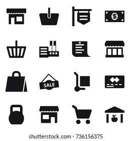 16 vector icon set : shop, basket, shop signboard, money, store, shopping list, market, shopping bag, sale, cargo stoller, cart, warehouse