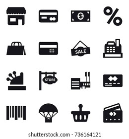 16 vector icon set : shop, card, money, percent, shopping bag, credit card, sale, cashbox, store signboard, mall
