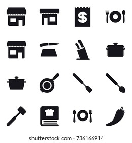16 vector icon set : shop, receipt, cafe, cutting board, stands for knives, pan, spatula, big spoon, meat hammer, hot pepper