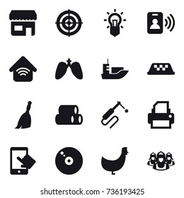 16 vector icon set : shop, target, bulb, pass card, wireless home, taxi, broom, chicken, outsource