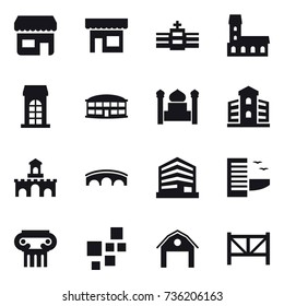 16 vector icon set : shop, mansion, building, airport building, minaret, fort, bridge, hotel, antique column, barn, farm fence