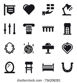 16 vector icon set : shop signboard, heart, gift, table lamp, equalizer, column, bridge, building, hawaiian wreath, disco ball, restaurant, heart pendant, mirror, chair, crib, horseshoe