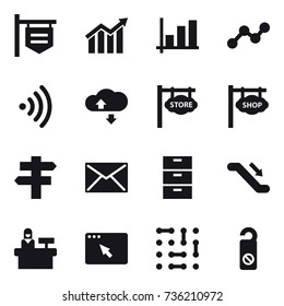 16 vector icon set : shop signboard, diagram, graph, wireless, cloude service, store signboard, singlepost, mail, escalator, reception, do not distrub