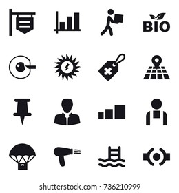 16 vector icon set : shop signboard, graph, courier, bio, cell corection, sun power, hair dryer, pool