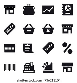 16 vector icon set : shop, purse, statistic, annual report, sale, remove from basket, delete cart, market, shopping list, sale label, percent, barcode, cashbox