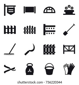 16 vector icon set : shop signboard, fence, greenhouse, flower bed, watering, shovel, rake, sickle, farm fence, pruner, fertilizer, bucket, gloves