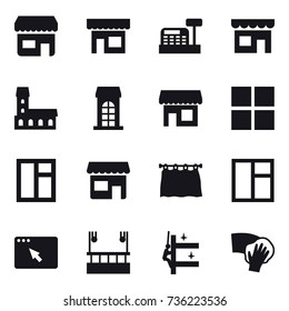 16 vector icon set : shop, cashbox, mansion, building, window, curtain, skyscapers cleaning, skyscrapers cleaning, wiping