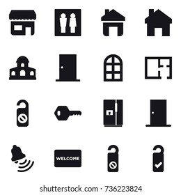 16 vector icon set : shop, wc, home, mansion, door, arch window, plan, do not distrub, key, fridge, bell, welcome mat, please clean