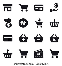 16 vector icon set : shop, cart, card, investment, money gift, crypto currency, add to cart, basket, credit card, add to basket, remove from basket, delete cart