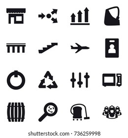 16 vector icon set : shop, core splitting, graph up, bridge, stairs, plane, identity card, barrel, viruses, vacuum cleaner, outsource
