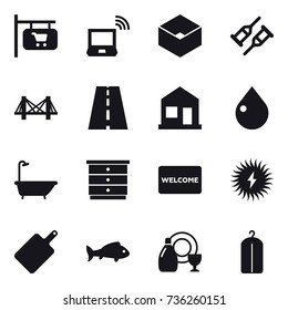 16 vector icon set : shop signboard, notebook wireless, box, bridge, home, drop, bath, chest of drawers, welcome mat, cutting board, fish, dish cleanser, dry wash