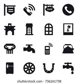 16 vector icon set : shop signboard, call, phone, arch, building, arch window, photo, antique column, water tap, kettle, wheel, horseshoe