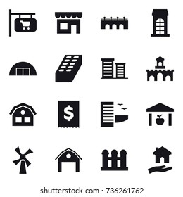 16 vector icon set : shop signboard, shop, bridge, building, hangare, brick, district, fort, house, hotel, warehouse, windmill, barn, grain elevator, housing