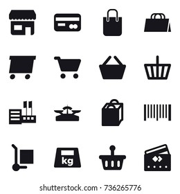 16 vector icon set : shop, card, shopping bag, delivery, cart, basket, store, scales, barcode, cargo stoller, credit card