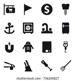 16 vector icon set : shop signboard, flag, dollar coin, safe, water tap, fridge, kitchen scales, handle scales, garlic clasp, knife holder, fork