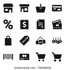16 vector icon set : shop, basket, card, percent, receipt, account balance, credit card, shopping bag, sale label, sale, barcode, cart