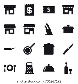16 vector icon set : shop, receipt, stands for knives, pan, knife, wine