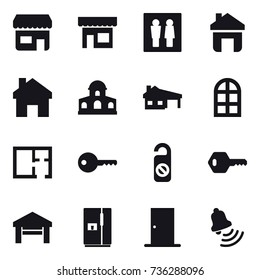 16 vector icon set : shop, wc, home, mansion, house with garage, arch window, plan, key, do not distrub, garage, fridge, door, bell