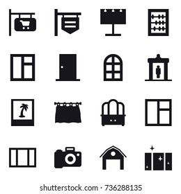 16 vector icon set : shop signboard, billboard, abacus, window, door, arch window, detector, photo, curtain, dresser, barn, clean  window