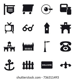 16 vector icon set : shop signboard, delivery, cell corection, scales weight, tv, tower, arch, fort, gothic architecture, outdoor light, fence, welcome mat, hard reach place cleaning