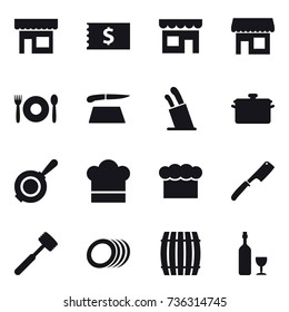 16 vector icon set : shop, receipt, cafe, cutting board, stands for knives, pan, cook hat, chef  hat, chef knife, meat hammer, barrel, wine