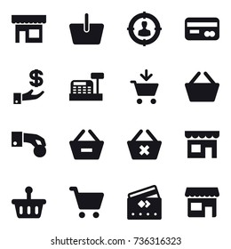 16 vector icon set : shop, basket, target audience, card, investment, cashbox, add to cart, hand coin, remove from basket, delete cart, credit card
