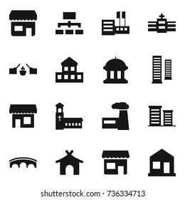 16 vector icon set : shop, hierarchy, store, drawbridge, cottage, goverment house, skyscrapers, church, factory, district, bridge, bungalow, home