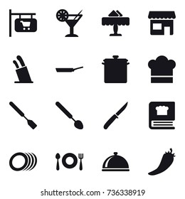 16 vector icon set : shop signboard, cocktail, restaurant, shop, stands for knives, pan, cook hat, spatula, big spoon, knife, hot pepper