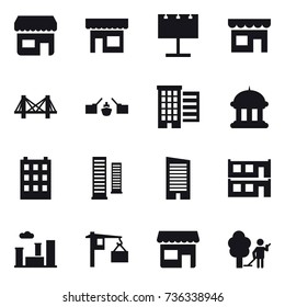 16 vector icon set : shop, billboard, bridge, drawbridge, houses, goverment house, building, skyscrapers, skyscraper, modular house, city, garden cleaning